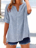 Women's Retro Striped Button Design V-Neck Three-Quarter Sleeve Shirt