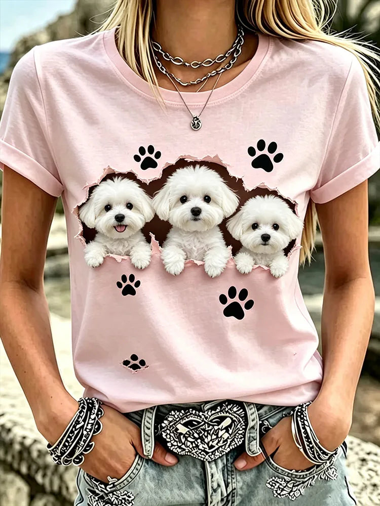 Women's Casual Crew Neck Short Sleeve T-Shirt - Cute Dog Print