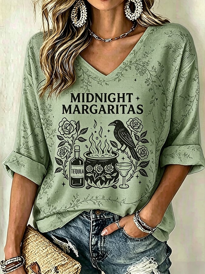 Women's Midnight Margaritas Print V Neck Top