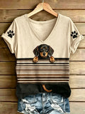 Women's Dachshund And Paws Print V Neck T-shirt