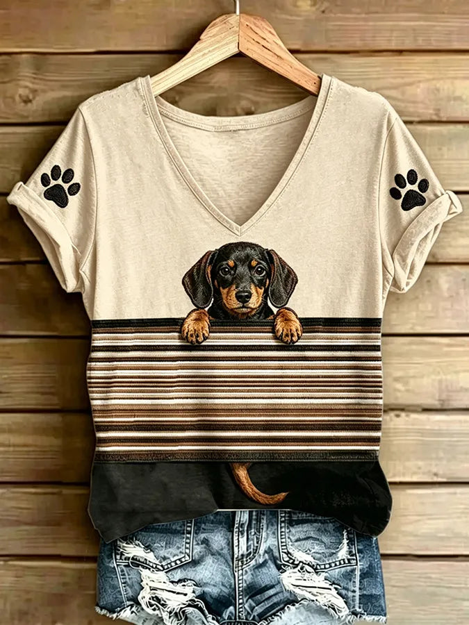 Women's Dachshund And Paws Print V Neck T-shirt