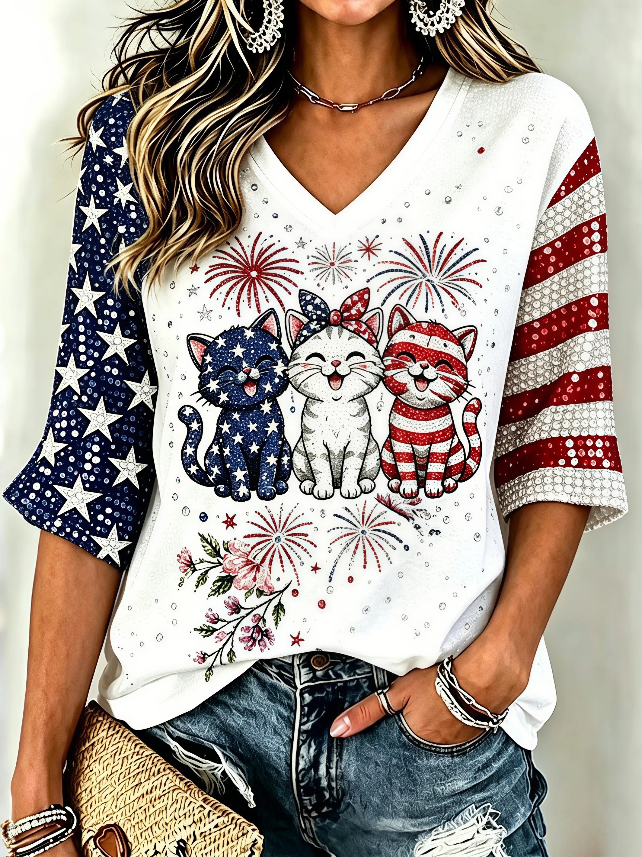 Women's Patriotic Style Cat Print T-shirt