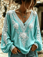 Women's Retro Celtic Knot With Floral Art Linen Blend Long Sleeves Shirt