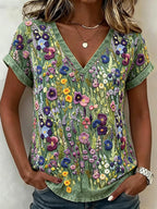 Elegant Violet Wildflower Embroidery Art Washed T Shirt