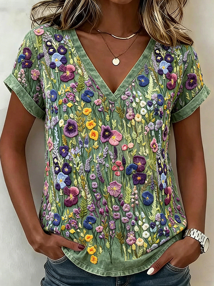 Elegant Violet Wildflower Embroidery Art Washed T Shirt