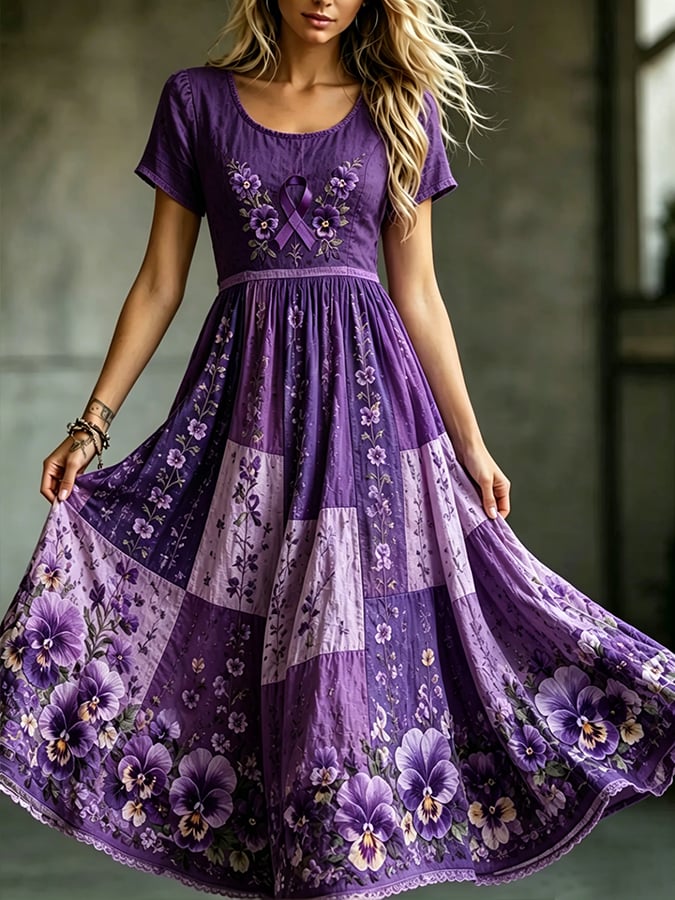 Women's Alzheimer's Awareness Floral Art Print Dress