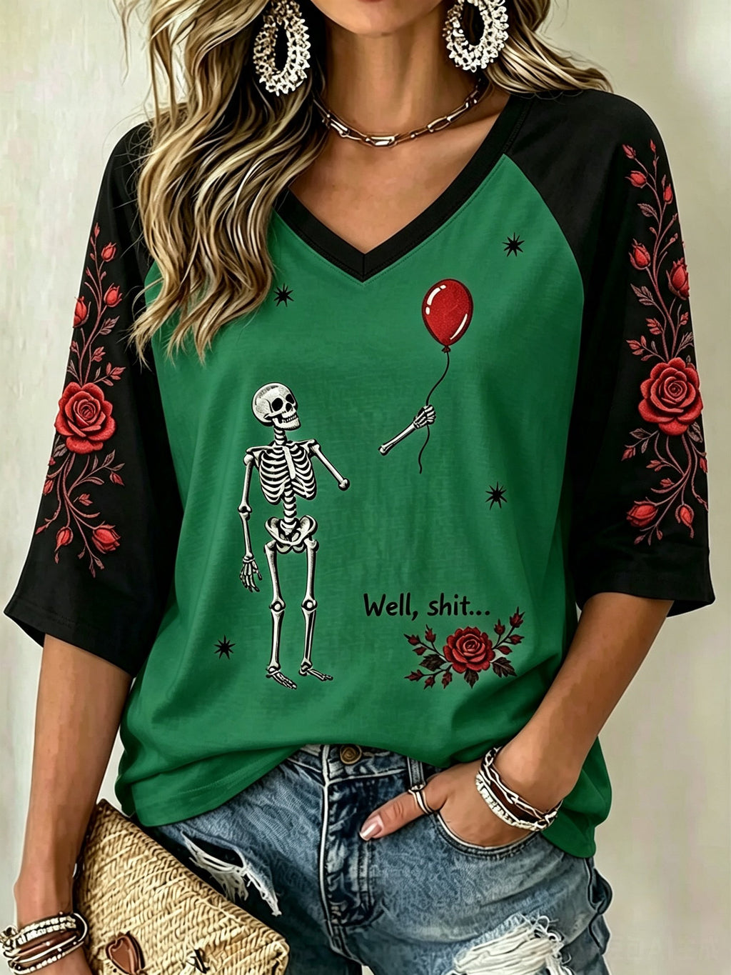 Women's Halloween Well, shit... Print V Neck T-Shirt