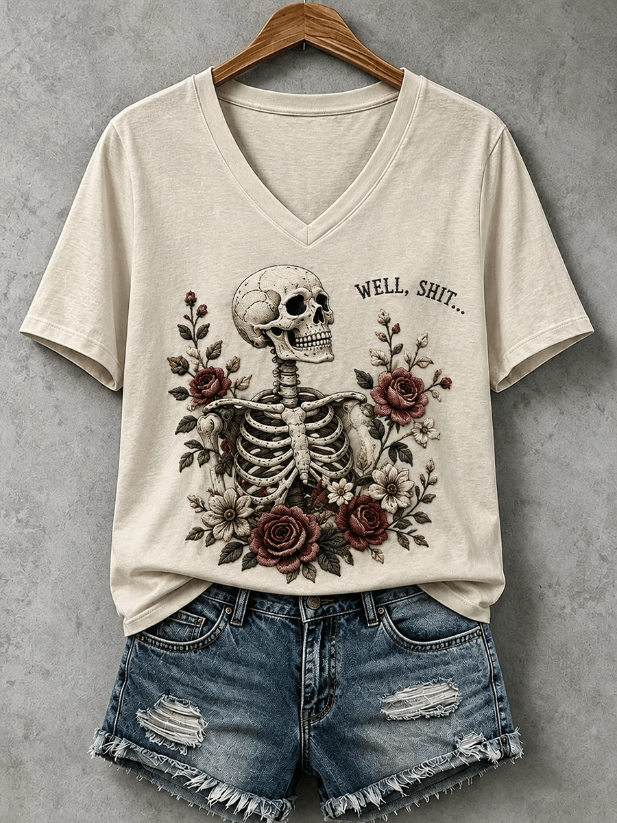 Women's Halloween Well, Shit... Print V Neck T-Shirt
