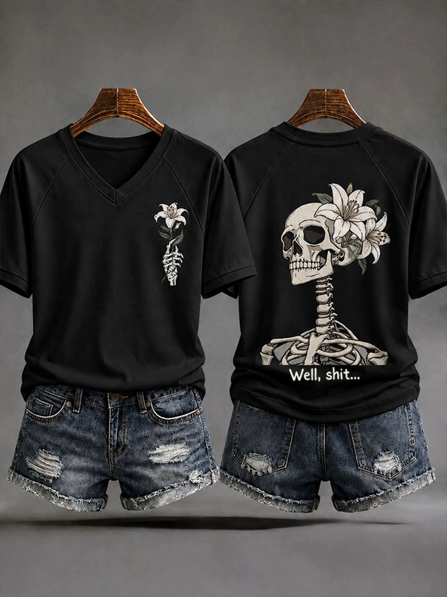 Women's Retro Halloween Well, Shit... Print V Neck T-Shirt