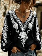 Women's Retro Celtic Knot With Floral Art Linen Blend Long Sleeves Shirt