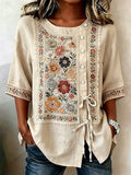 Vintage Fringed Floral Embroidery Design Women's Linen Shirt