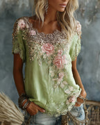 Women's Vintage Rose Floral Art Flowy Linen Blend Casual Tops