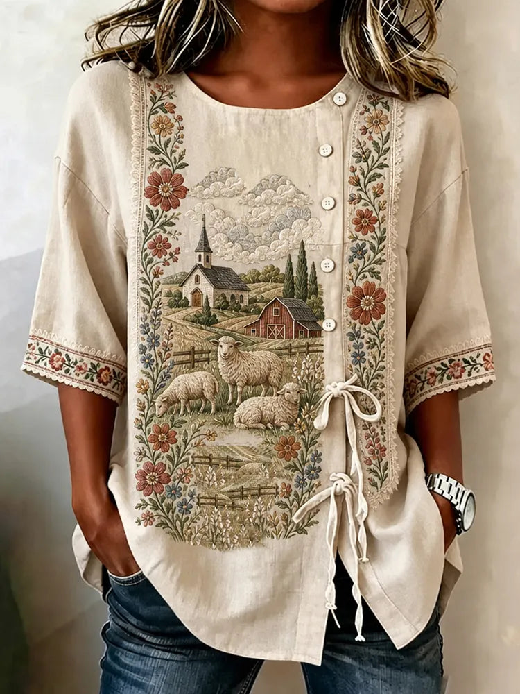 Women's Retro Floral Sheep Farm Scene Embroidered Short-sleeve Cotton Linen Top