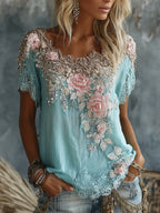 Women's Vintage Rose Floral Art Flowy Linen Blend Casual Tops