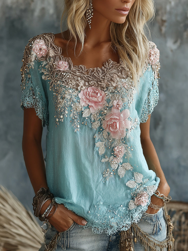 Women's Vintage Rose Floral Art Flowy Linen Blend Casual Tops