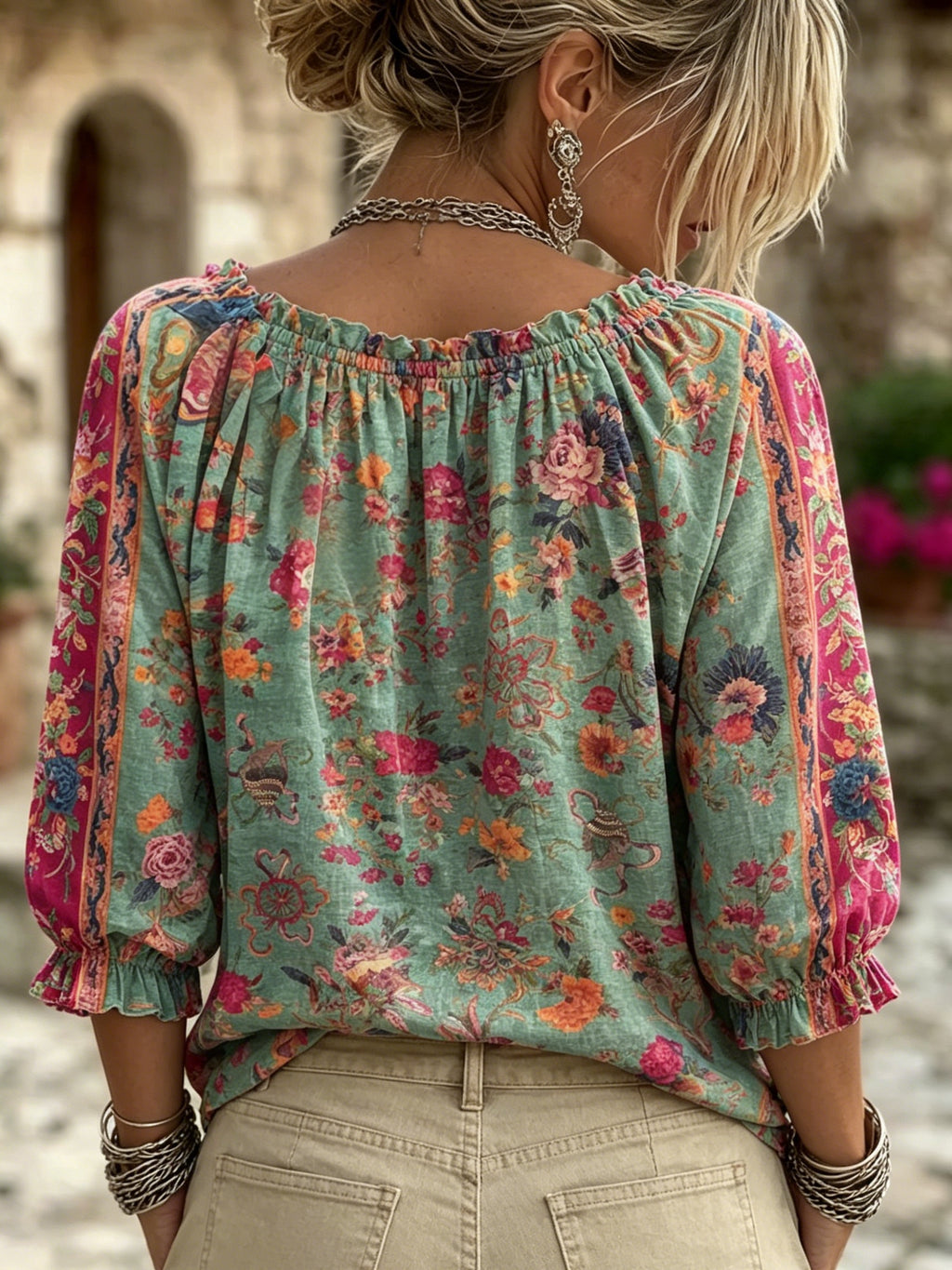 Women's Retro Ethnic Totems Print Ruffle V-neck Blouse