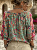 Women's Retro Ethnic Totems Print Ruffle V-neck Blouse