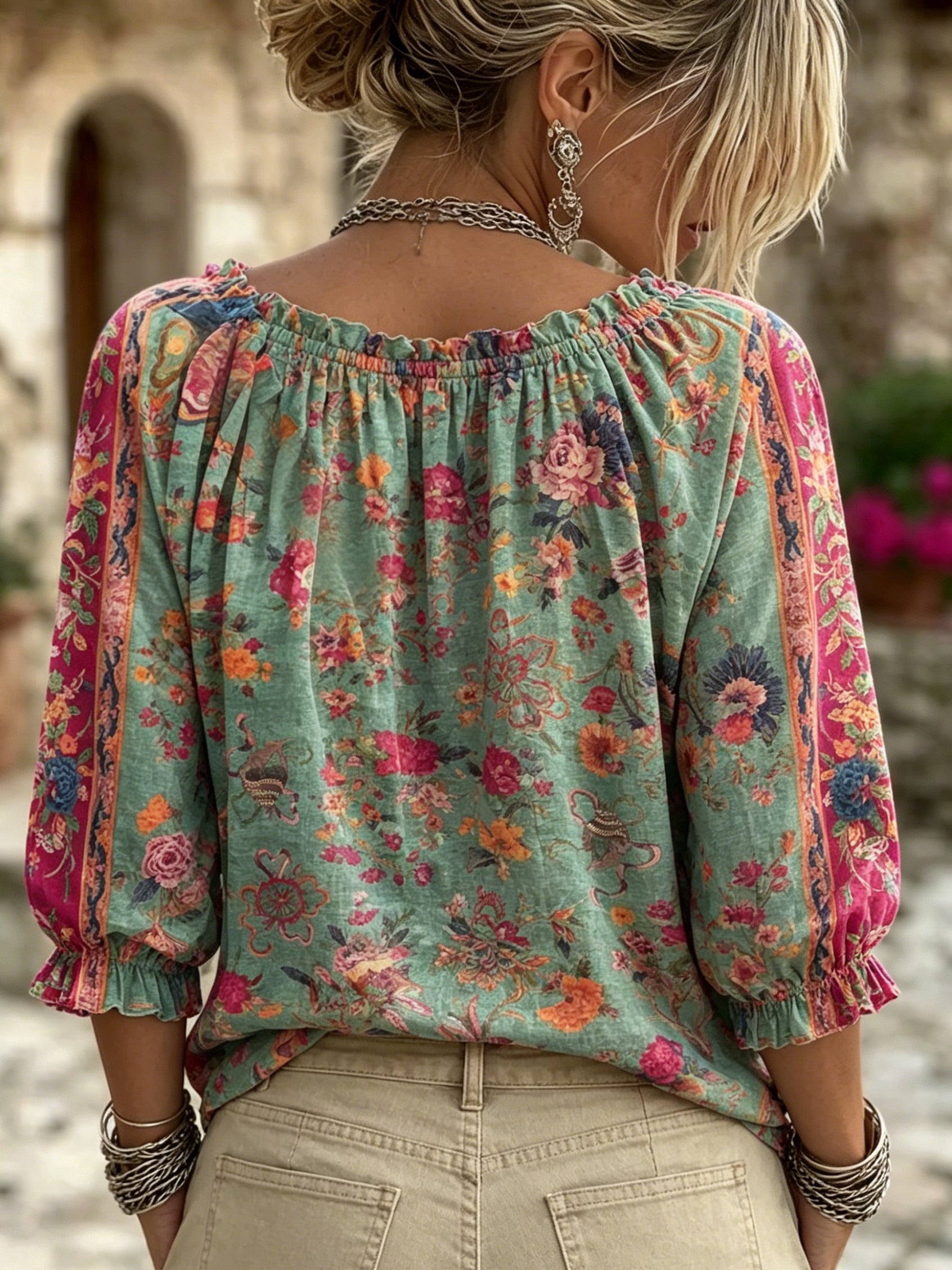 Women's Retro Ethnic Totems Print Ruffle V-neck Blouse