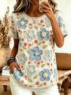 Women's Vintage Bohemian Floral Art Print Flowy Linen Blend Tops