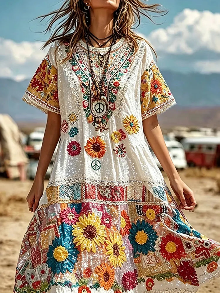 Women's Retro Patchwork Hippie Flowers Peace Sign Print Cotton Linen Dress