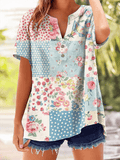 Women's Retro Botanical Floral Stitching Artistic Button Design V-Neck Short-Sleeved Shirt