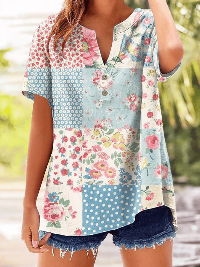 Women's Retro Botanical Floral Stitching Artistic Button Design V-Neck Short-Sleeved Shirt