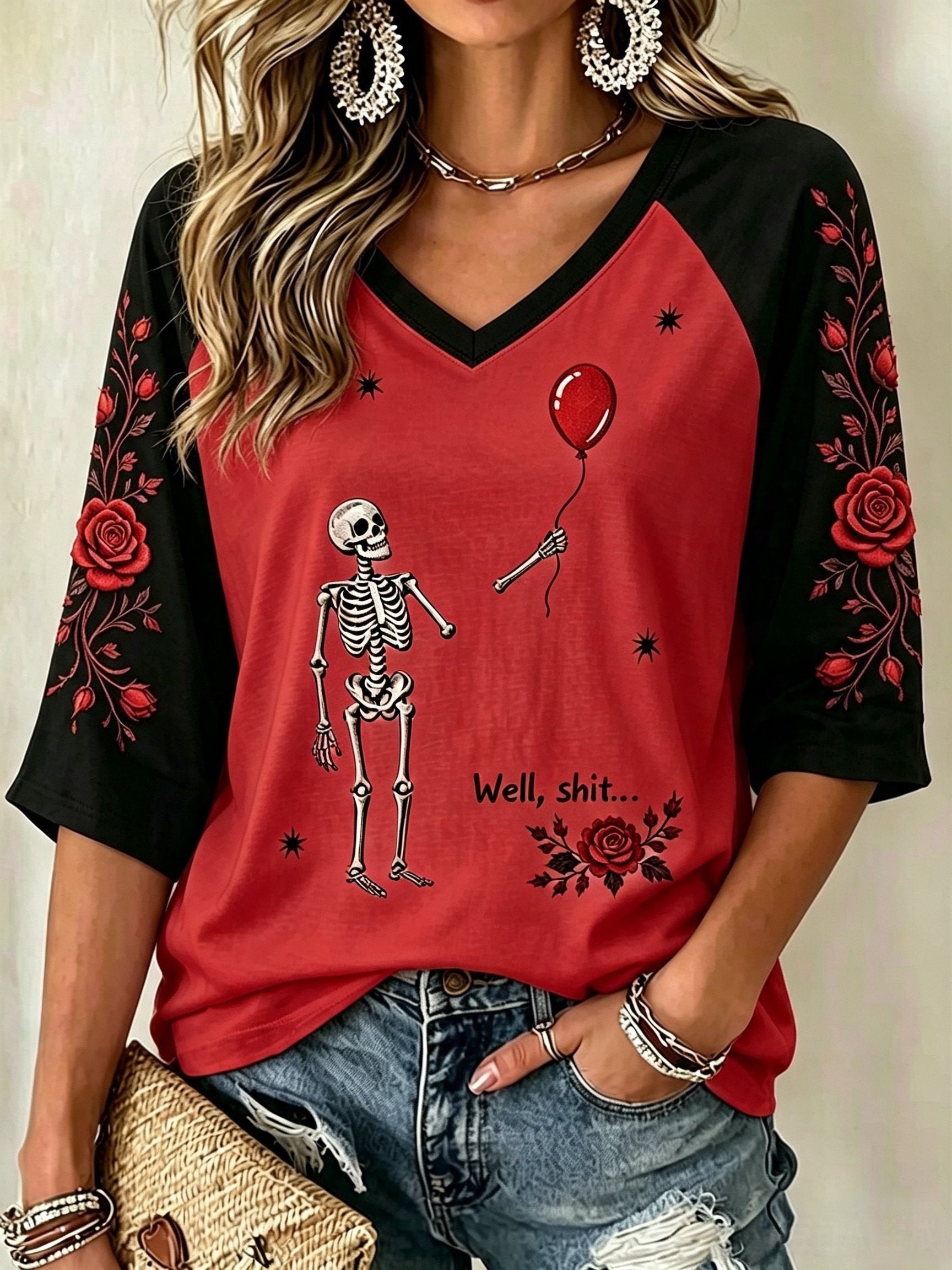 Women's Halloween Well, shit... Print V Neck T-Shirt