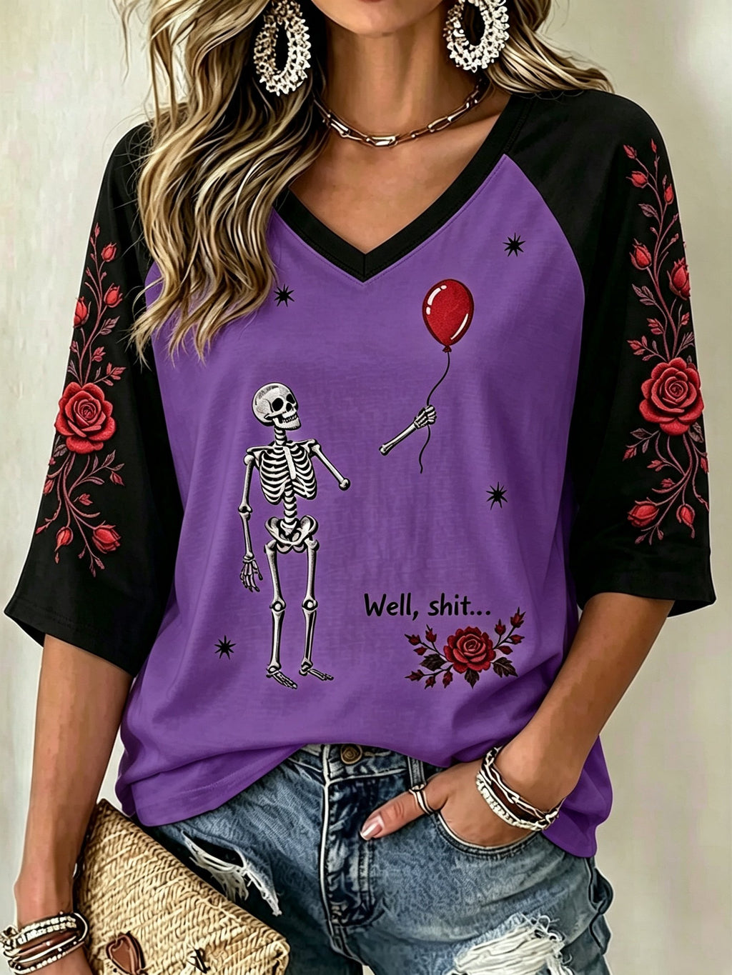 Women's Halloween Well, shit... Print V Neck T-Shirt