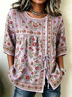 Women'S Cotton And Linen Casual Striped Print Top