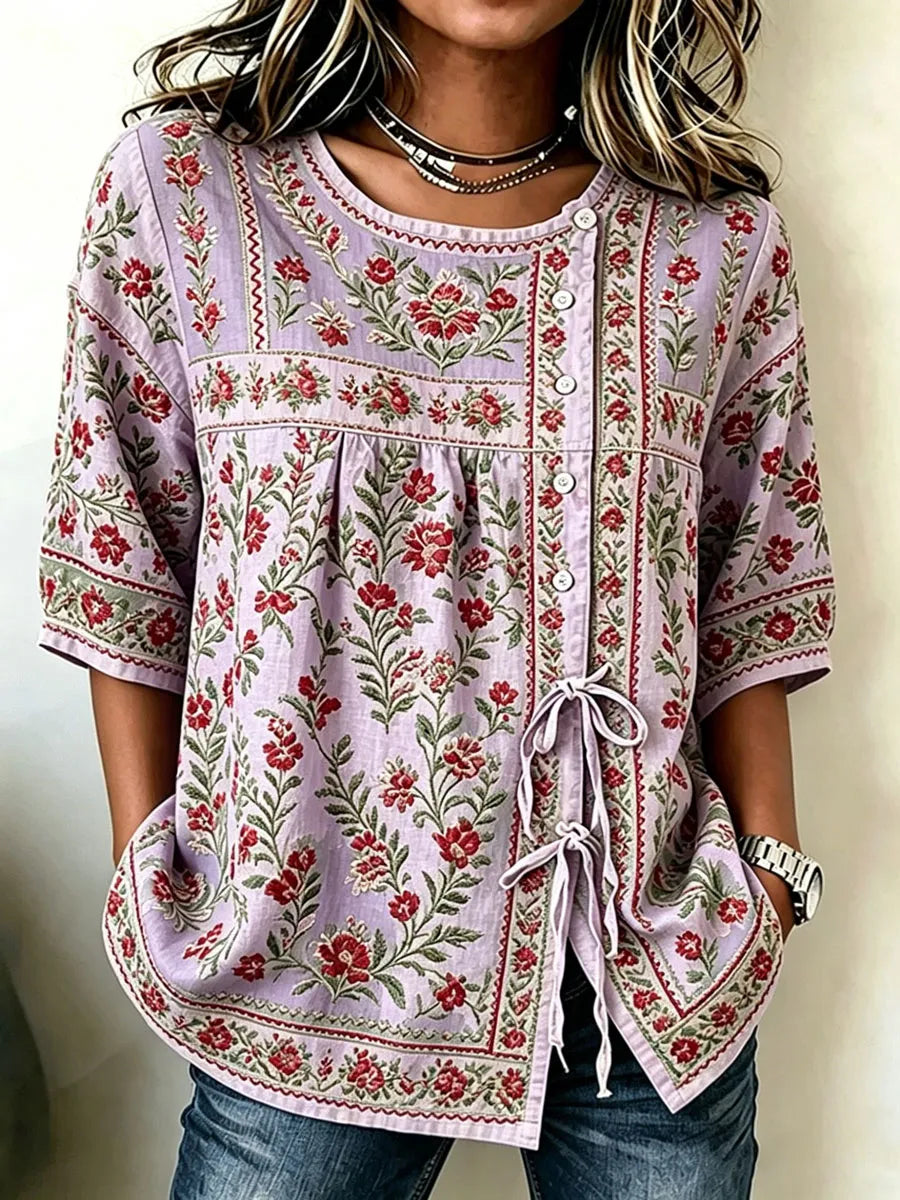 Women'S Cotton And Linen Casual Striped Print Top