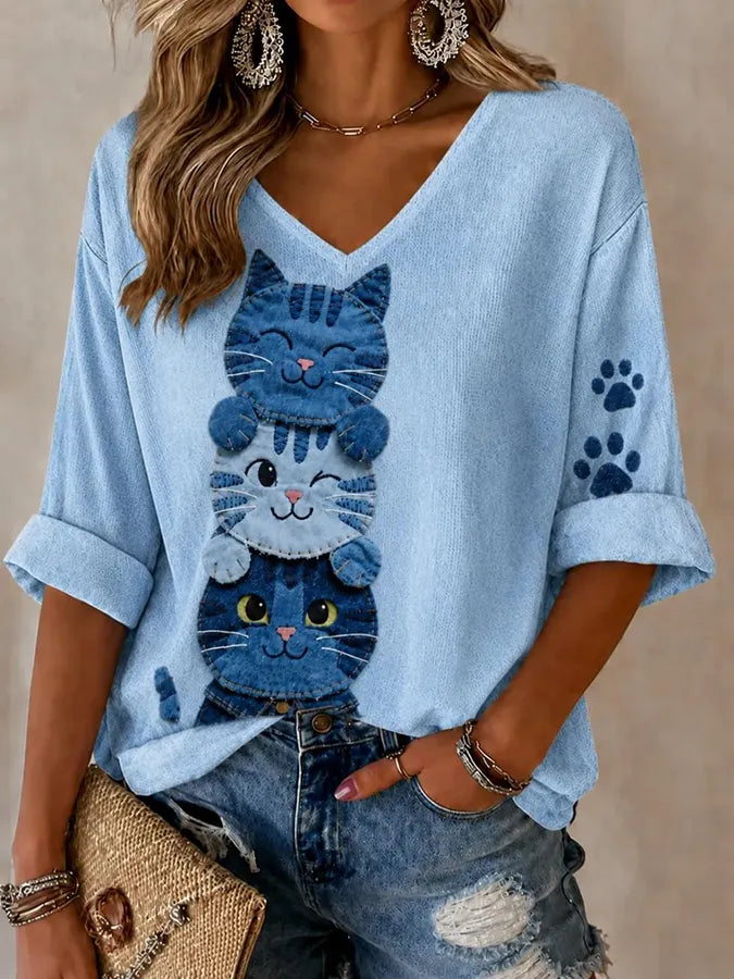Women's Cats Leisure Print Waffle Top