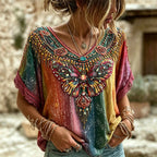 Women's Retro Bohemian Hippie Style Butterfly Embroidered Print V-neck Lace Trim Top