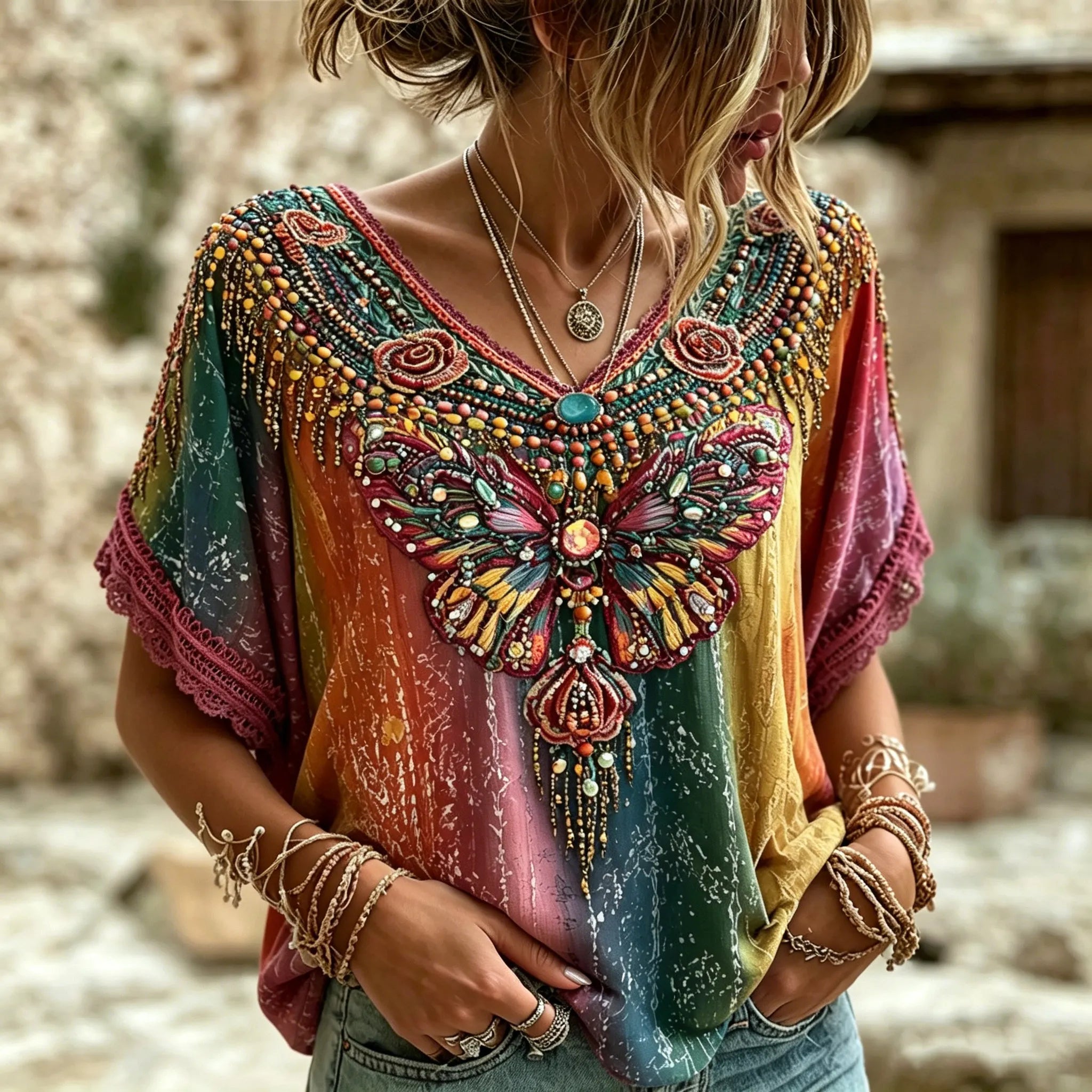 Women's Retro Bohemian Hippie Style Butterfly Embroidered Print V-neck Lace Trim Top