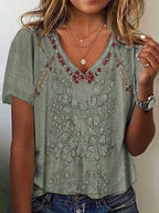 Western Retro Embroidered Casual T Shirt