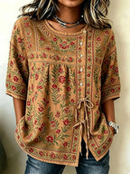 Women'S Cotton And Linen Casual Striped Print Top