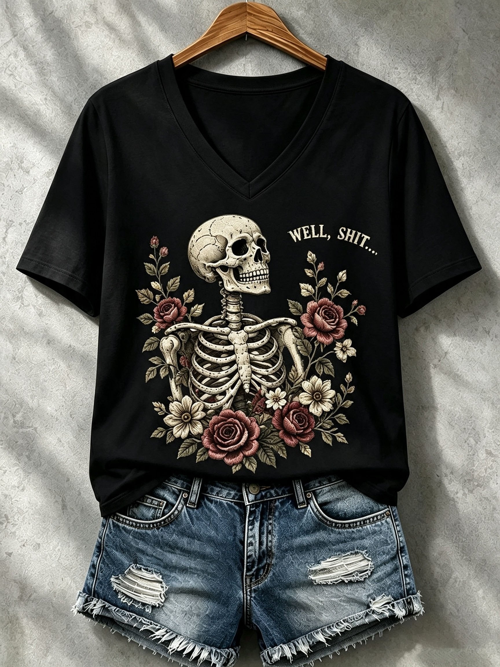 Women's Halloween Well, Shit... Print V Neck T-Shirt