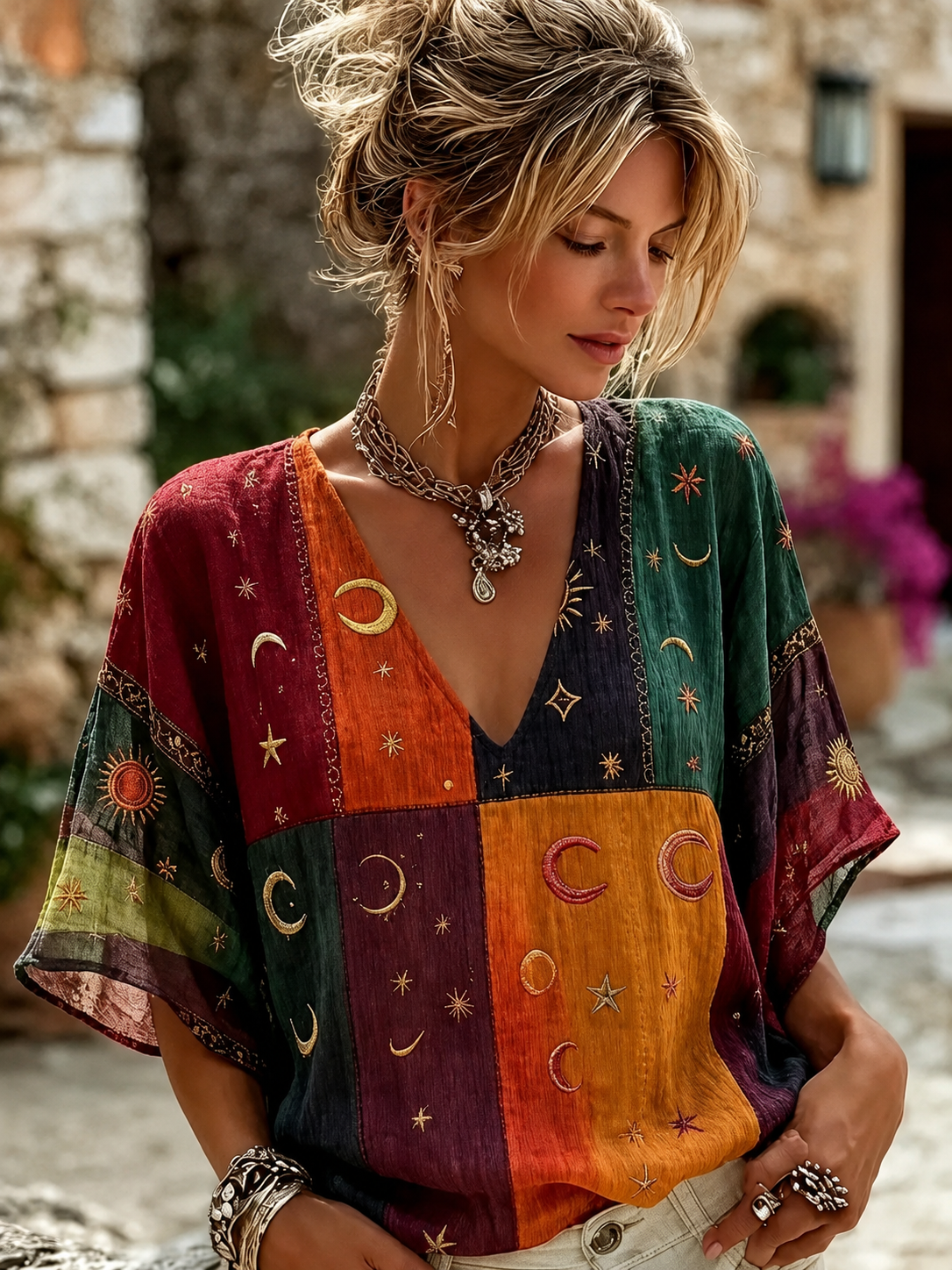Women's Sun, Moon And Stars Color Block Hippie Print V-neck T-shirt