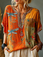 Women's Vintage Hippie Floral And Dragonfly In Patchwork Pattern Art Embroidered Linen Blend Shirts