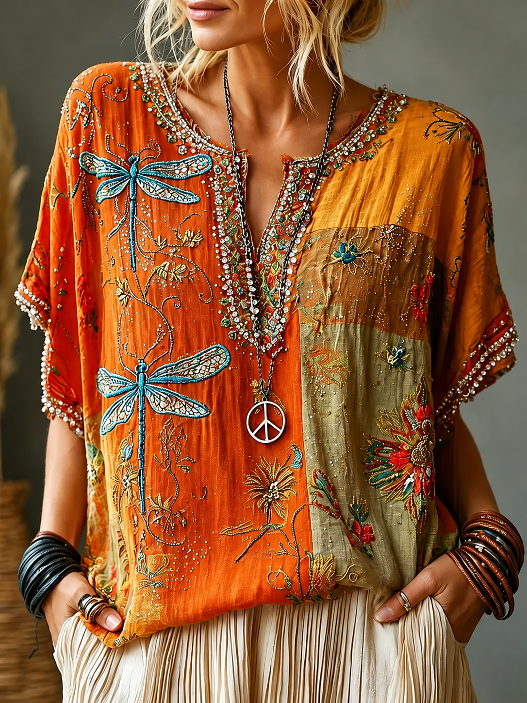 Women's Vintage Hippie Floral And Dragonfly In Patchwork Pattern Art Embroidered Linen Blend Shirts