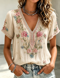 Women's Bohemian Floral Embroidered V-neck T-shirt