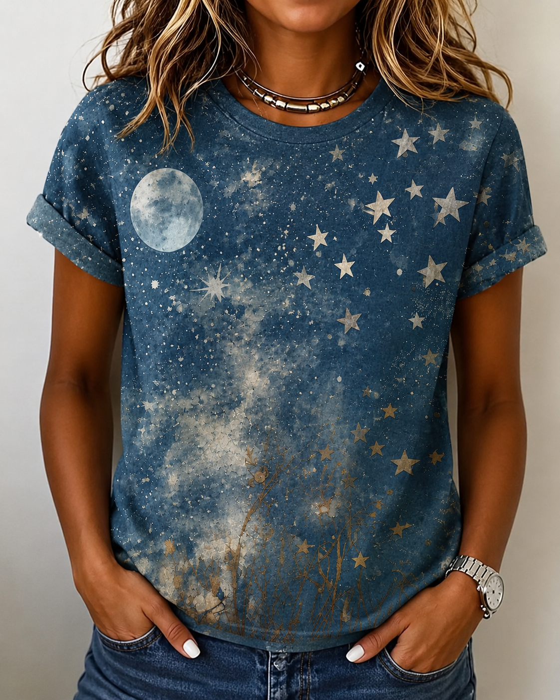 Women's Retro Mysterious Star and Moon Art Pattern Print Casual Cotton Linen T-Shirt
