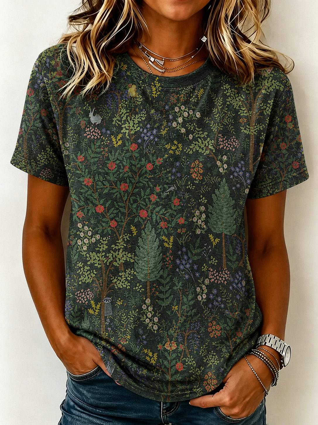 Women's Casual Vintage Forest Printed Cotton And Linen T-Shirt