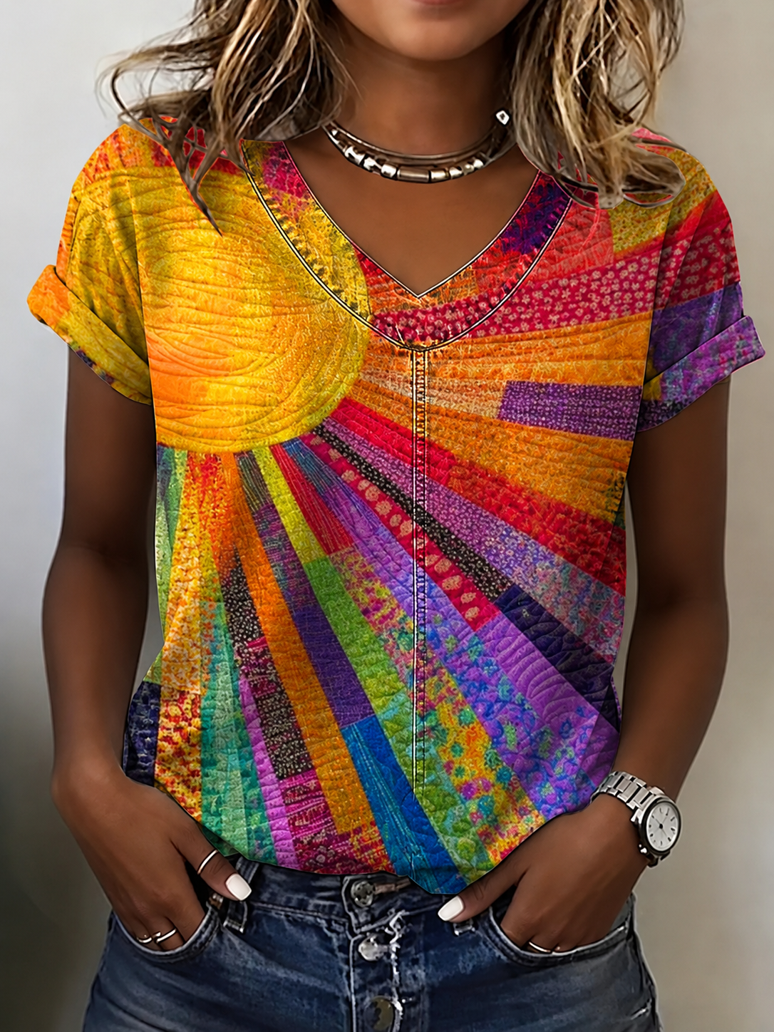 Women's Retro Colorful Sun Art Print Casual short Sleeve V-Neck Washed Cotton Denim T-Shirt