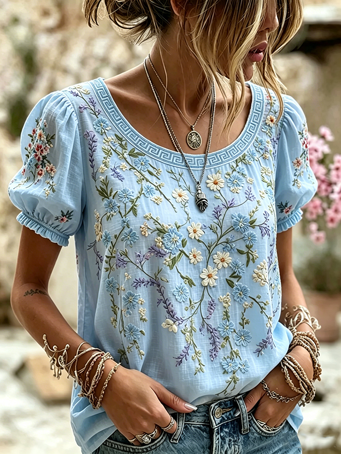 Women's Boho Floral Patchwork Embroidered Puff Sleeve Top