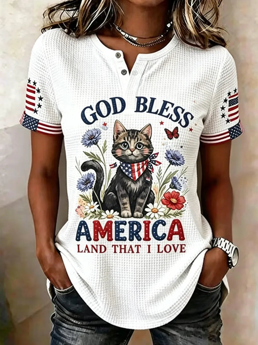 Women's Casual American 250th Anniversary Cat Art Top
