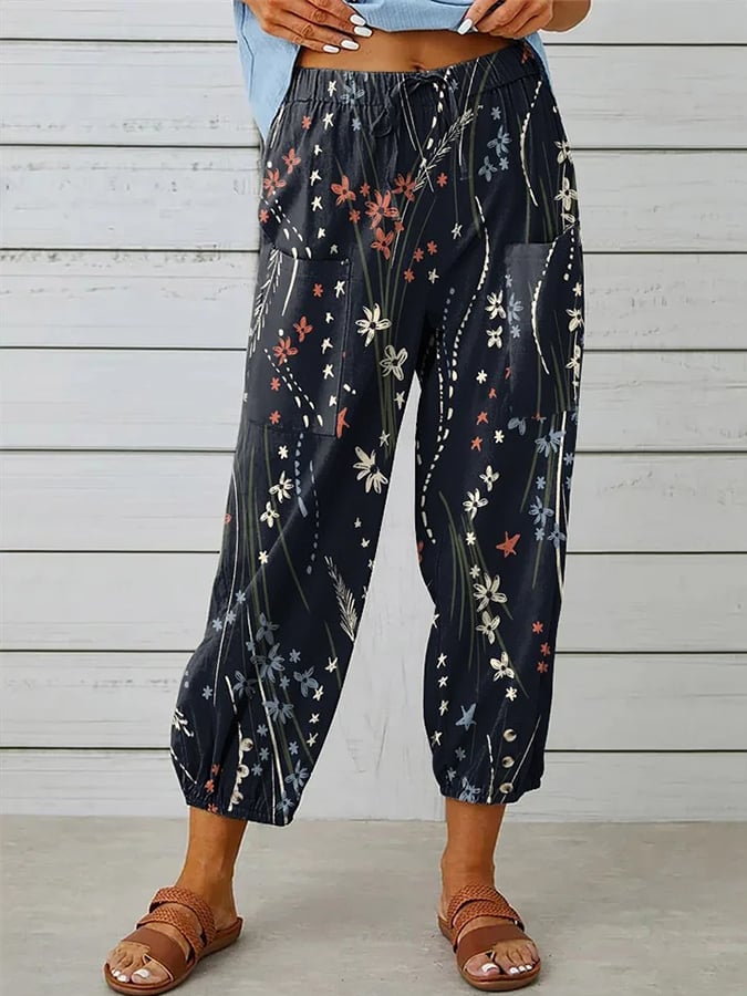 Women's Floral Design Print Lace-Up Loose  With Elastic Waist Casual Pants