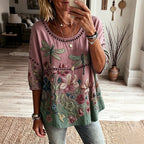 Women's Bohemian Dragonfly And Floral Art Print Flowy Linen Blend Casual Tops