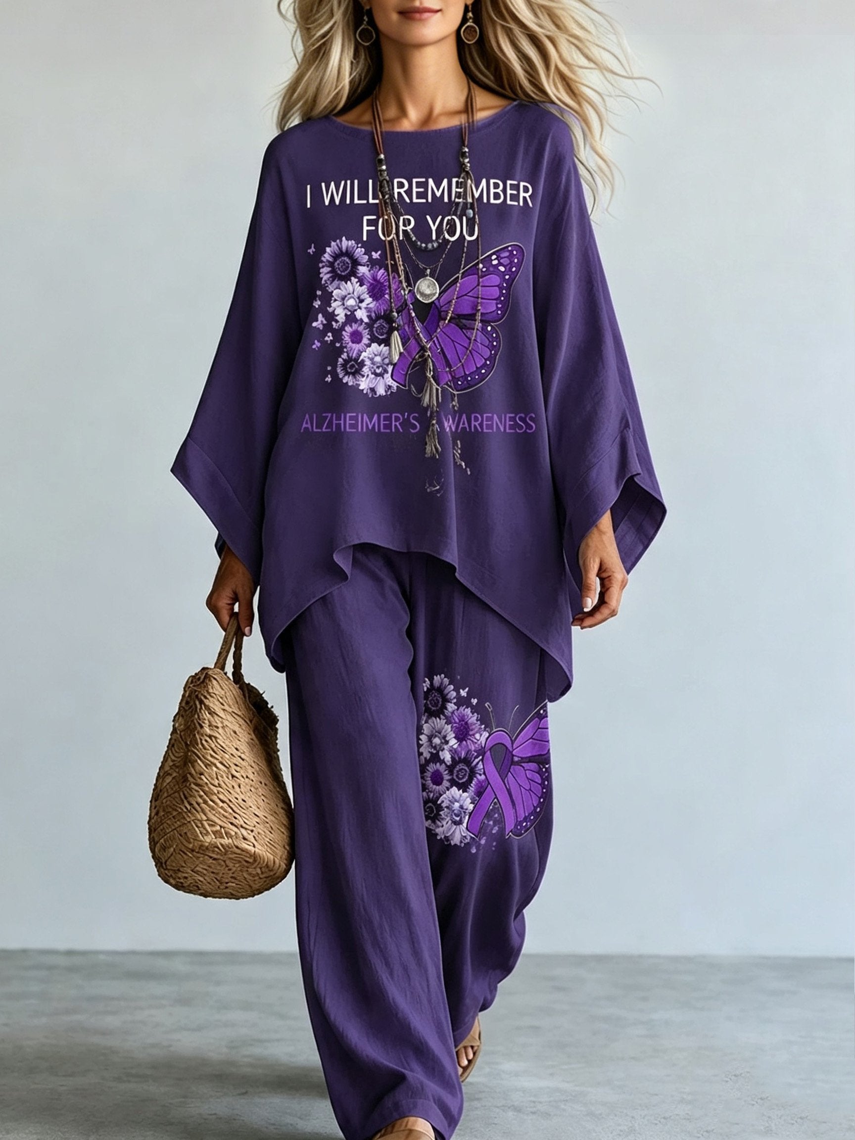 Women's Purple Floral Print Casual Top and Pants Set