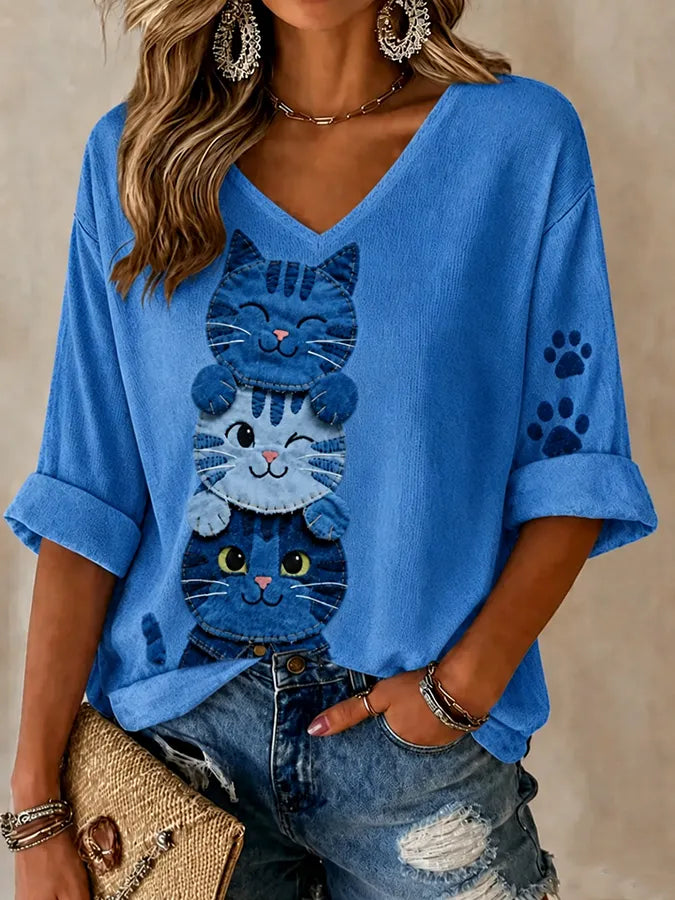 Women's Cats Leisure Print Waffle Top