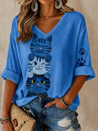 Women's Cats Leisure Print Waffle Top